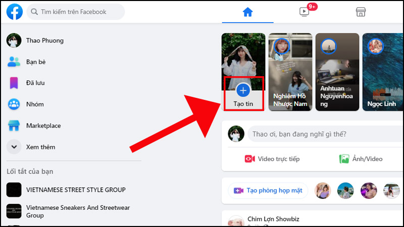 Ở giao diện chính của Facebook, chọn biểu tượng dấu cộng ở story.